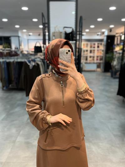 Alesya Süs Cep Etek Bluz Takım - Açık Kahve