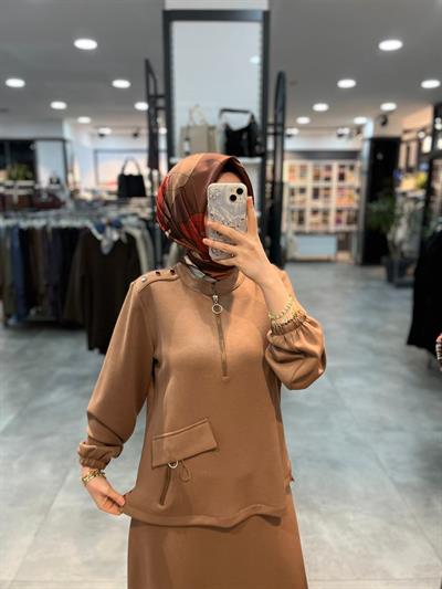 Alesya Süs Cep Etek Bluz Takım - Açık Kahve