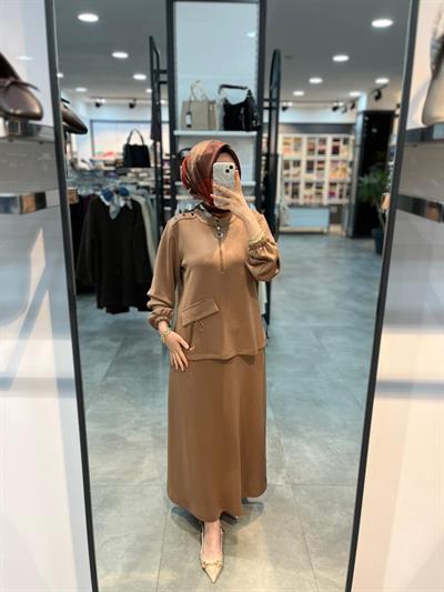 Alesya Süs Cep Etek Bluz Takım - Açık Kahve