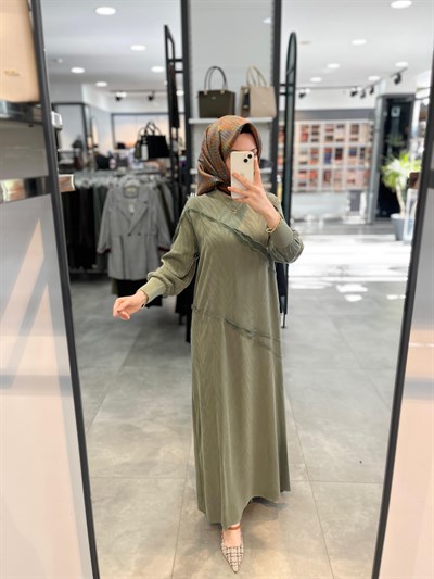 Alesya Ters Dikiş Detaylı Elbise - Haki