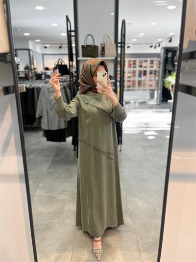 Alesya Ters Dikiş Detaylı Elbise - Haki