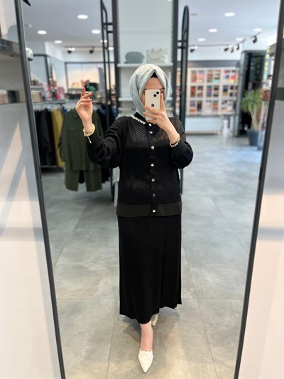 Alesya Yakası Taşlı Jakar Bluz Etek Takım - Siyah