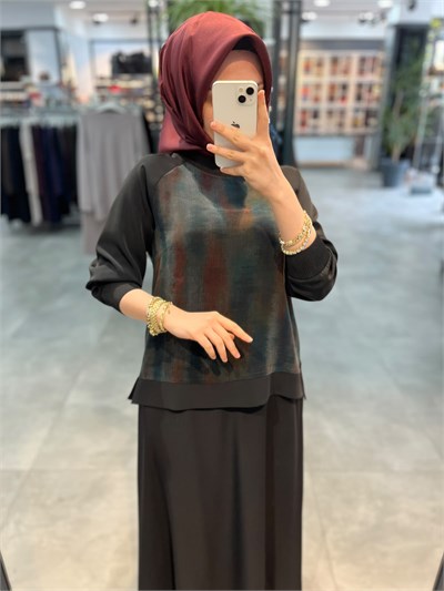 Alesya Yanı Fermuar Detaylı  Desenil Cupra Kombinli Bluz Etek Takım - Zümrüt Yeşili