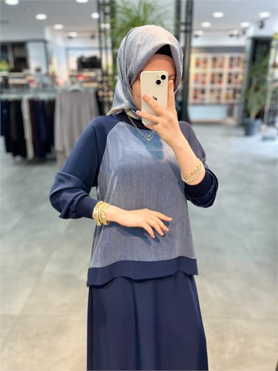 Alesya Yanı Fermuar Detaylı  Desenil Cupra Kombinli Bluz Etek Takım - Mavi
