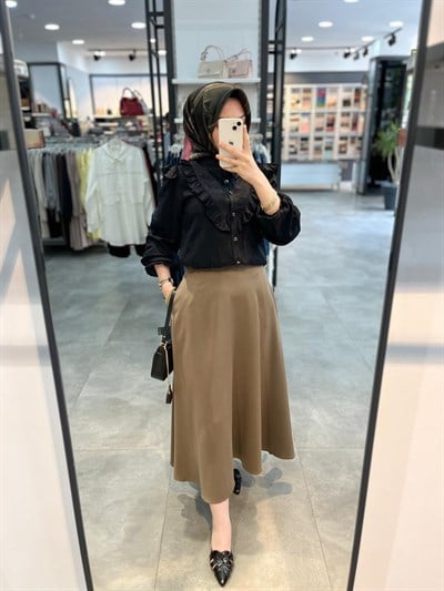 Aleysa Tencel Kloş etek - Haki