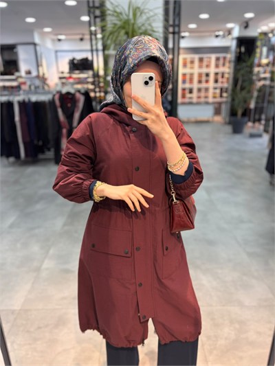 Beiaz Nora Oversize Büzgülü Trençkot - Bordo
