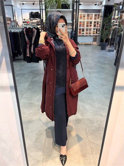 Beiaz Nora Oversize Büzgülü Trençkot - Bordo
