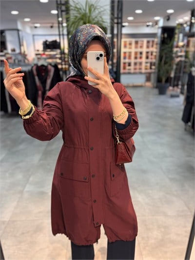 Beiaz Nora Oversize Büzgülü Trençkot - Bordo