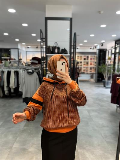 Desenli Kapüşonlu Kazak - Oranj