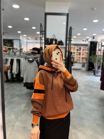 Desenli Kapüşonlu Kazak - Oranj