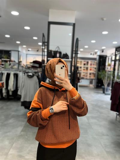 Desenli Kapüşonlu Kazak - Oranj