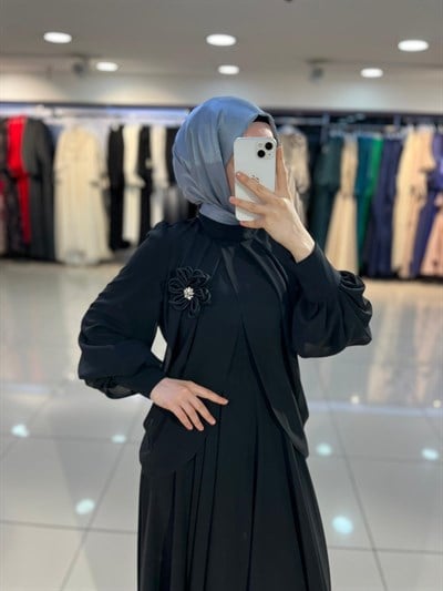 Matex Bolero Detaylı Şifon Kloş Elbise - Siyah