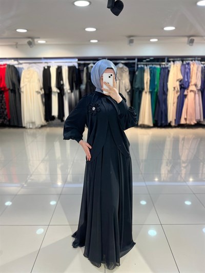 Matex Bolero Detaylı Şifon Kloş Elbise - Siyah