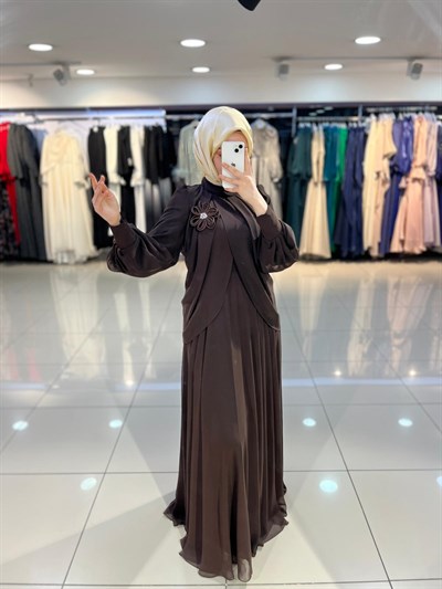 Matex Bolero Detaylı Şifon Kloş Elbise - Kahve