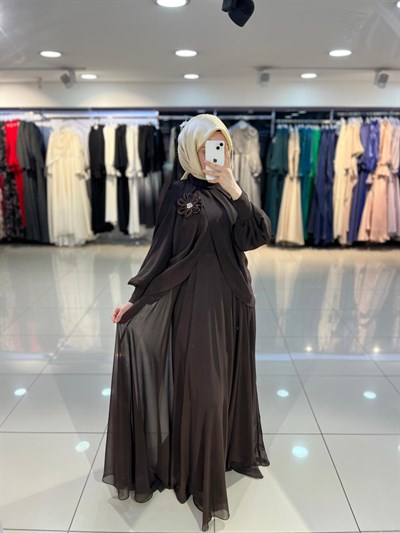 Matex Bolero Detaylı Şifon Kloş Elbise - Kahve