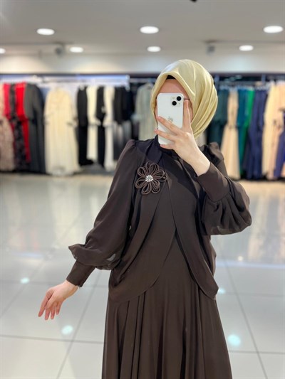 Matex Bolero Detaylı Şifon Kloş Elbise - Kahve