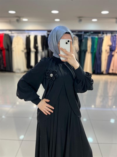 Matex Bolero Detaylı Şifon Kloş Elbise - Siyah