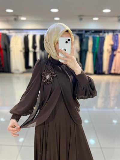 Matex Bolero Detaylı Şifon Kloş Elbise - Kahve