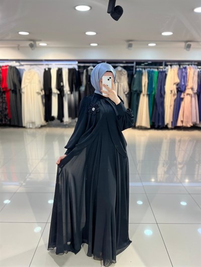 Matex Bolero Detaylı Şifon Kloş Elbise - Siyah
