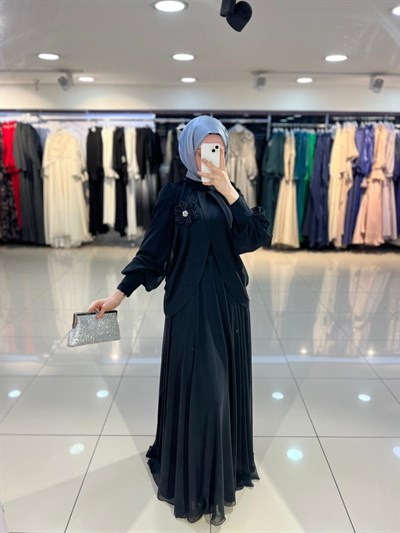 Matex Bolero Detaylı Şifon Kloş Elbise - Siyah