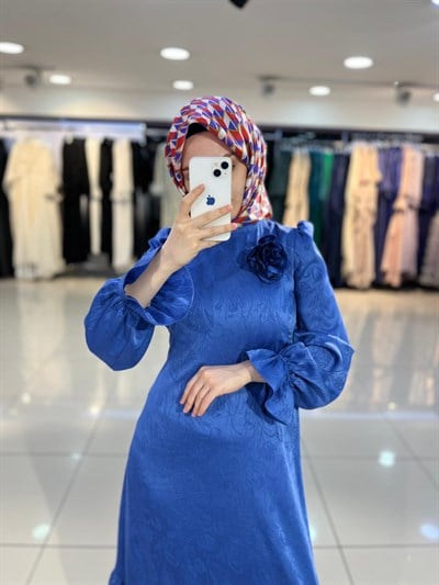 Matex Kolu Lastikli Jakar Abiye Elbise - İndigo