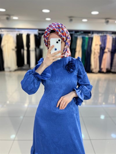 Matex Kolu Lastikli Jakar Abiye Elbise - İndigo