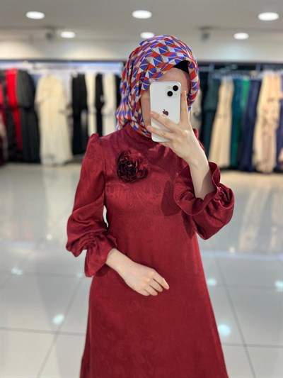Matex Kolu Lastikli Jakar Abiye Elbise - Bordo