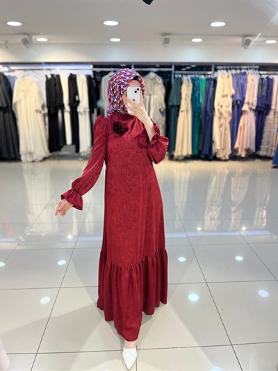 Matex Kolu Lastikli Jakar Abiye Elbise - Bordo