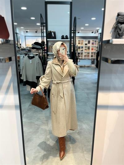 Matex Önü Düğmeli Kuşak Kemerli Kaban - Vizon