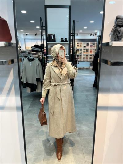 Matex Önü Düğmeli Kuşak Kemerli Kaban - Vizon