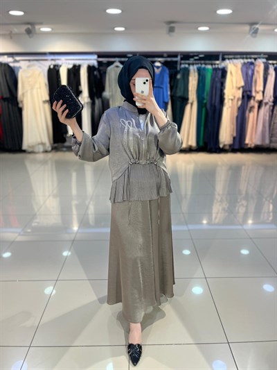 Matex Plise Detaylı Ceket Etek Takım - Vizon