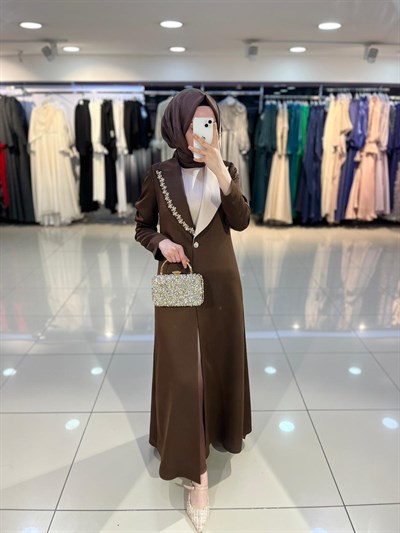 Matex Yakası Taşlı Uzun Ceket Elbise Takım - Kahve