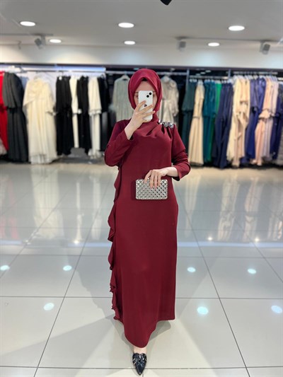 Matex Yanı Fırfır Detaylı Elbise - Bordo