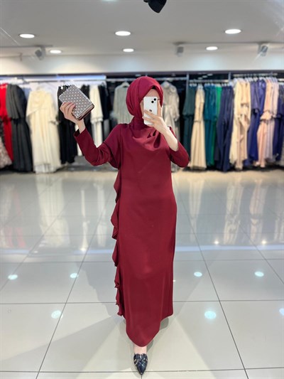 Matex Yanı Fırfır Detaylı Elbise - Bordo
