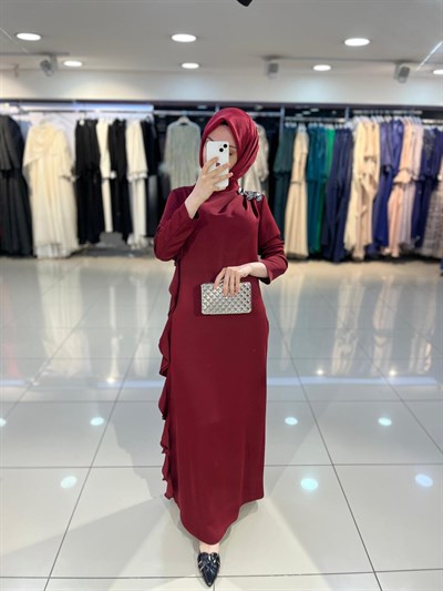 Matex Yanı Fırfır Detaylı Elbise - Bordo