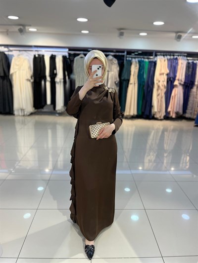 Matex Yanı Fırfır Detaylı Elbise - Kahve