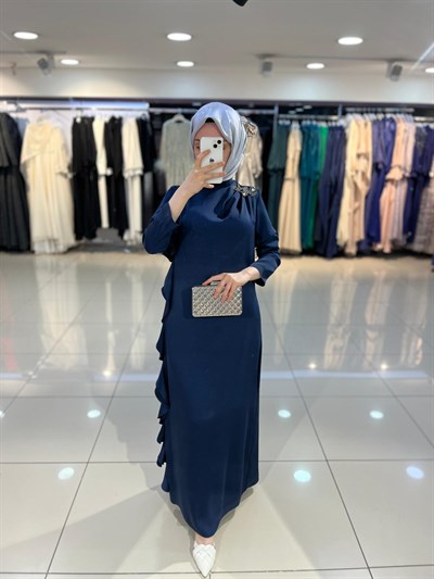 Matex Yanı Fırfır Detaylı Elbise - Lacivert