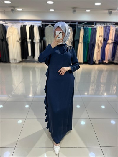 Matex Yanı Fırfır Detaylı Elbise - Lacivert