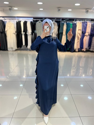 Matex Yanı Fırfır Detaylı Elbise - Lacivert