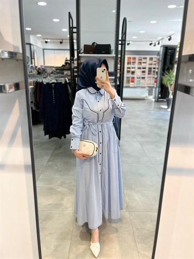 N Prive Biye Detaylı Çizgili Elbise - Lacivert