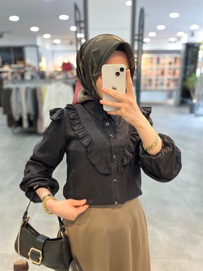 N Prive Düğme Detaylı İpek Tencel Gömlek - Siyah