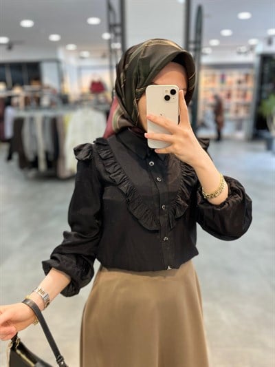 N Prive Düğme Detaylı İpek Tencel Gömlek - Siyah