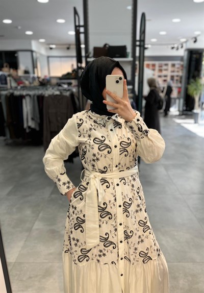 N Prive Nakış Detaylı Elbise - Ekru