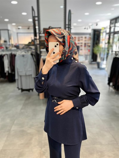 N Prive Simli Krep Tunik Takım - Lacivert