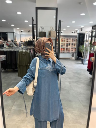 Nihan Bağcık Detaylı Tencel Pantolon Tunik Takım - Buz