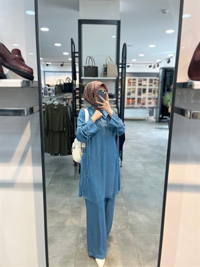 Nihan Bağcık Detaylı Tencel Pantolon Tunik Takım - Buz