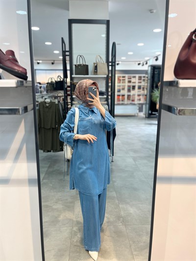 Nihan Bağcık Detaylı Tencel Pantolon Tunik Takım - Buz