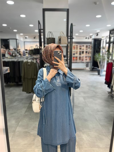 Nihan Bağcık Detaylı Tencel Pantolon Tunik Takım - Buz