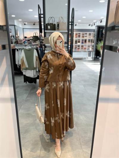 Nihan Beli Büzgülü Nakışlı Cotton Etek - Camel