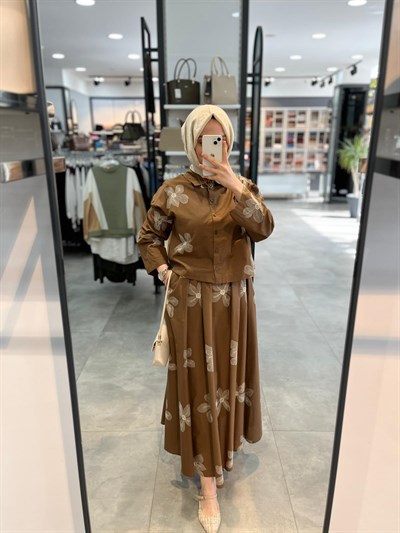 Nihan Beli Büzgülü Nakışlı Cotton Etek - Camel
